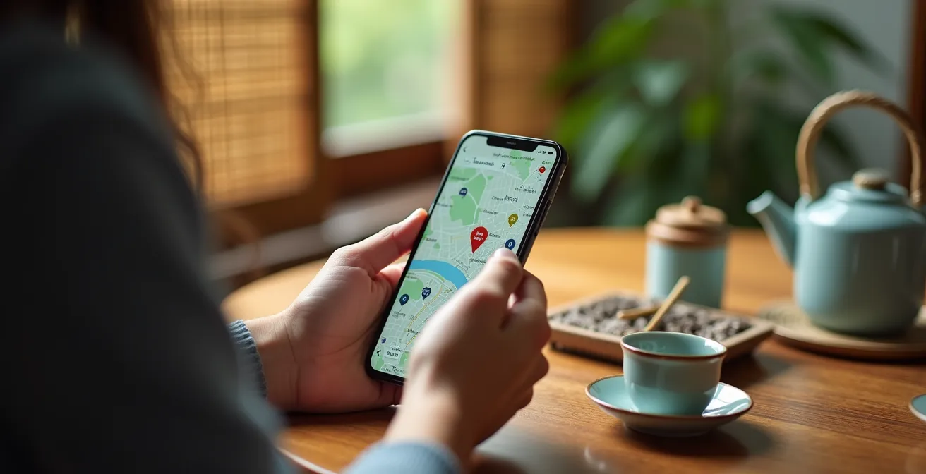 Mani che tengono smartphone con mappe e prezzi hotel vietnamiti