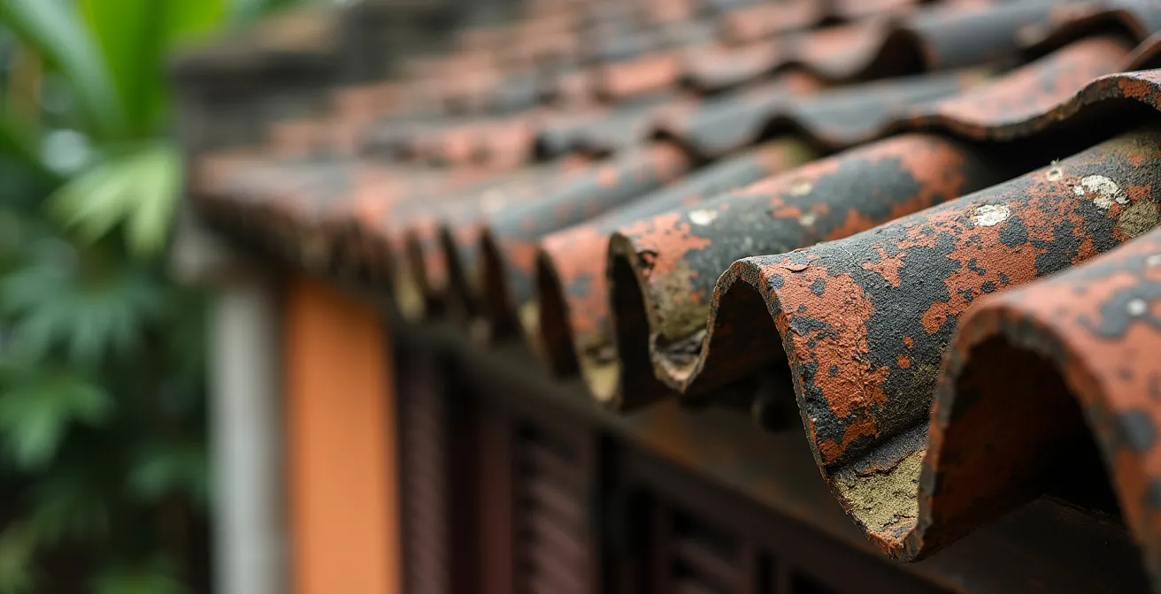 Dettagli architettonici in stile indocinese con persiane francesi e tetto vietnamita