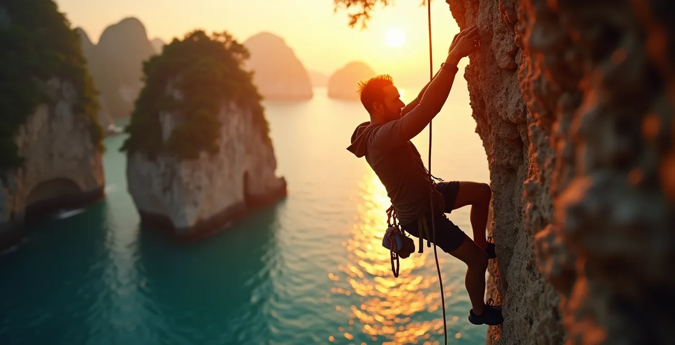 Climber illuminato dalla luce dorata del tramonto sulla baia di Lan Ha
