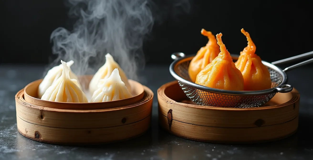 Confronto visivo tra ravioli vietnamiti al vapore e wonton fritti cinesi