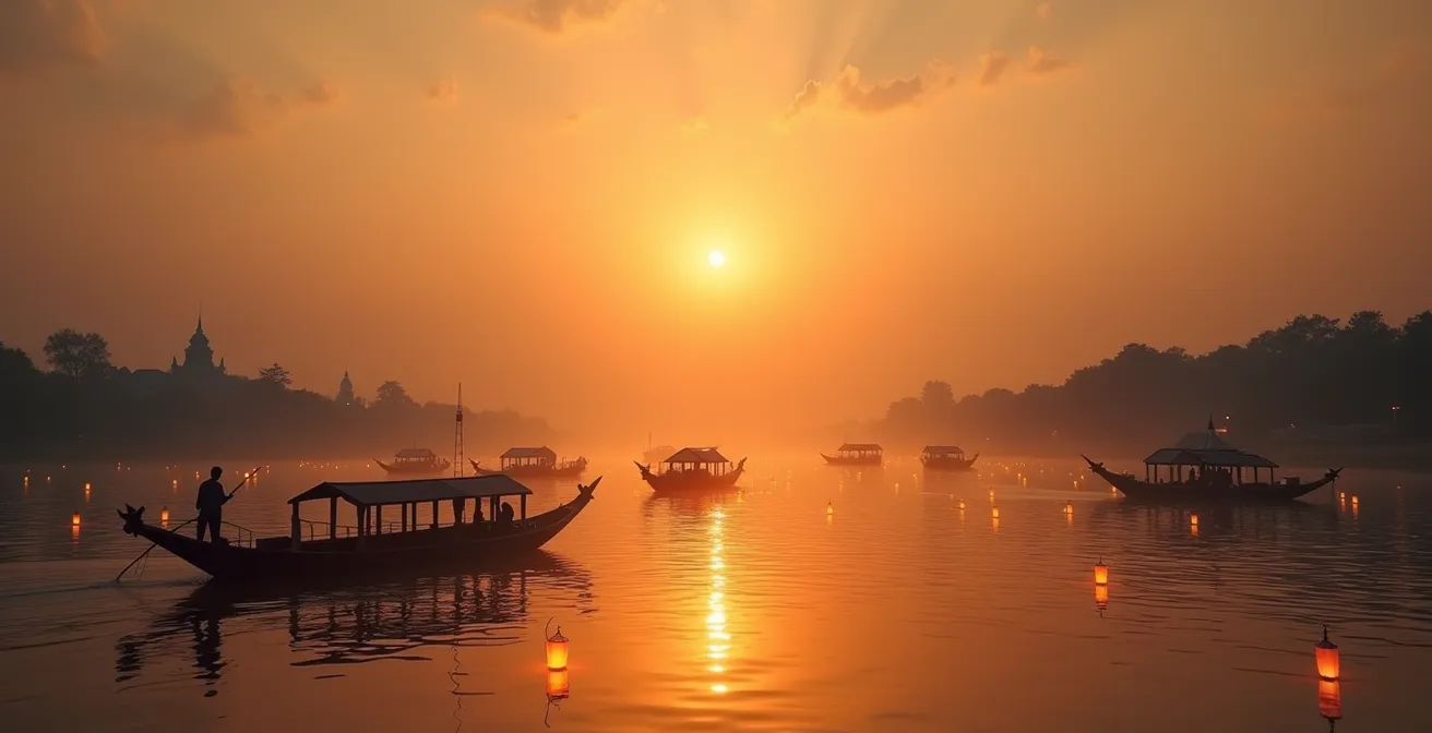 Vista ampia del Fiume dei Profumi al tramonto con piccole barche tradizionali illuminate da lanterne