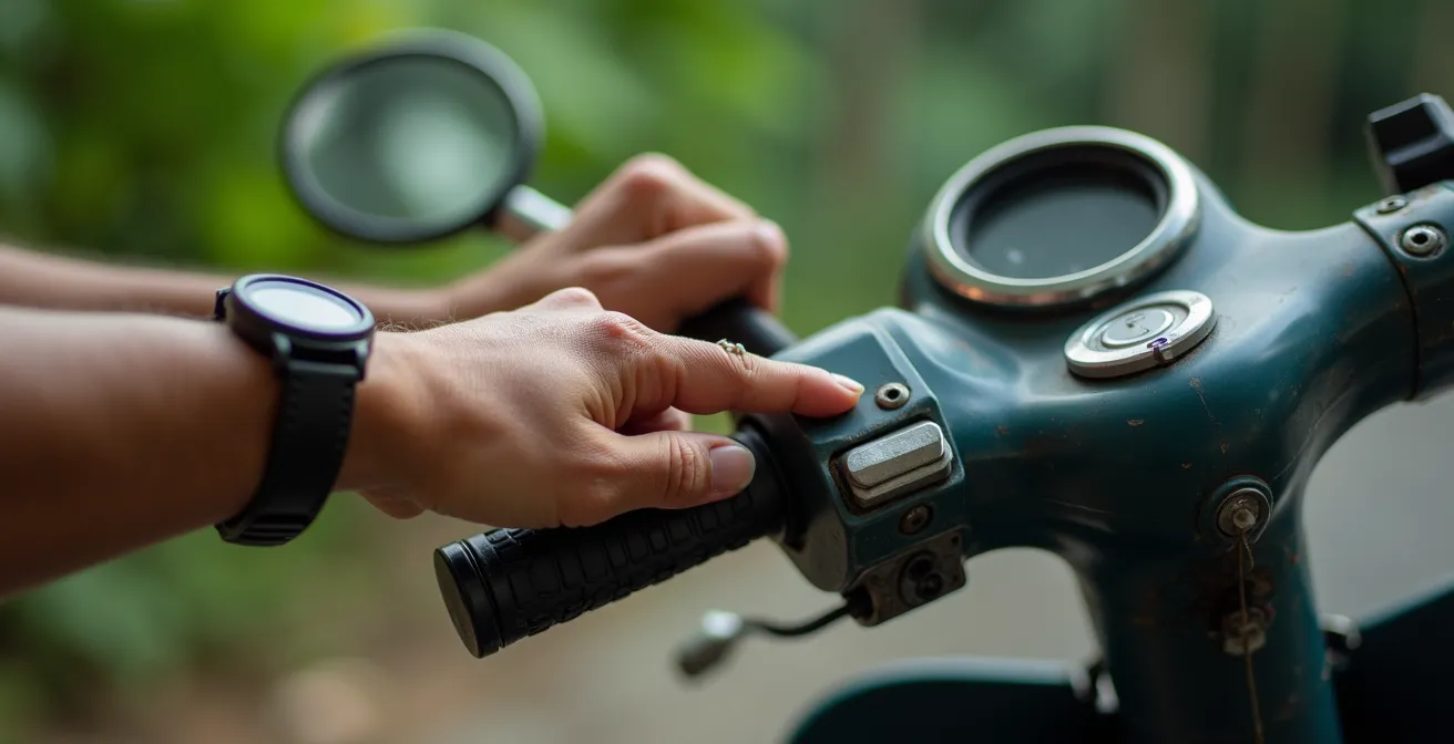 Primo piano delle mani che ispezionano i freni e le ruote di uno scooter prima del noleggio