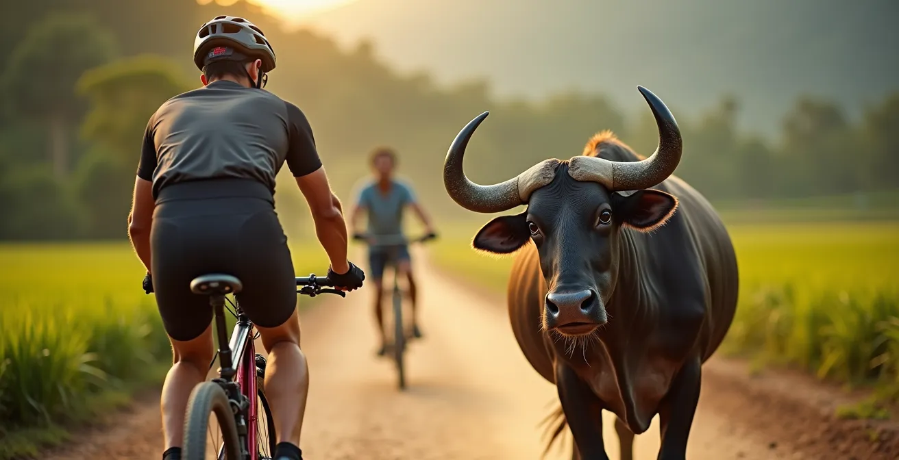 Ciclista su MTB che suona il campanello vicino a un bufalo d'acqua su strada sterrata vietnamita