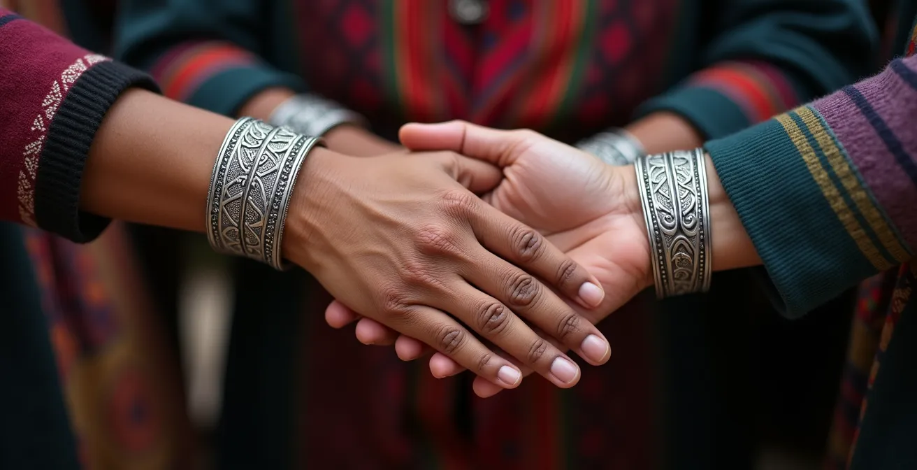 Primo piano di mani che mostrano gesti rispettosi di saluto tradizionale Hmong con braccialetti d'argento artigianali