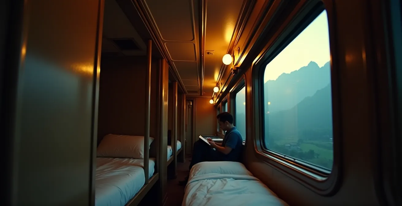 Viaggiatori su treno notturno vietnamita attraverso paesaggio montano