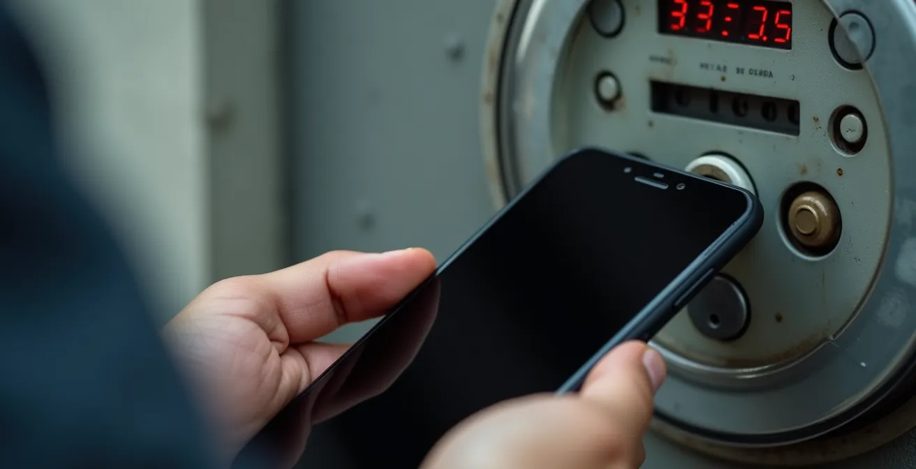 Mano che tiene uno smartphone vicino a un contatore elettrico per la registrazione dei consumi