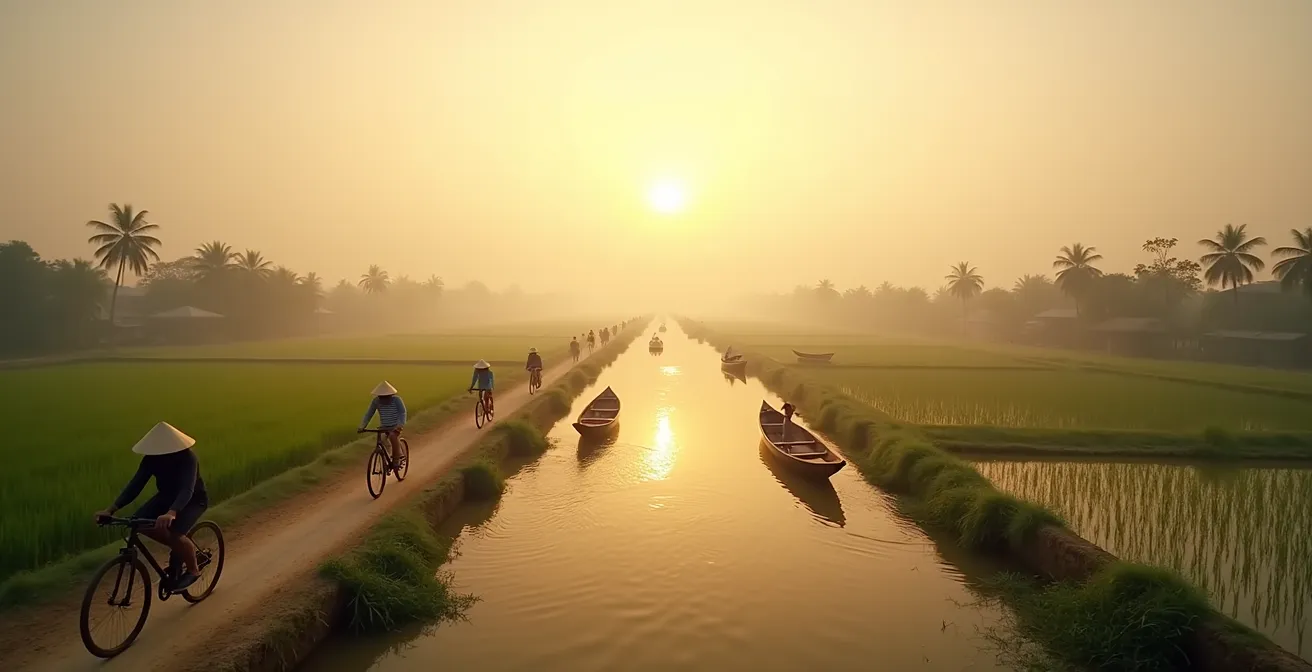 Panoramica del Delta del Mekong con ciclisti su argine e barche tradizionali sul fiume