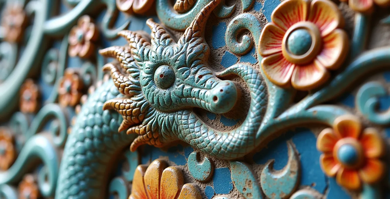 Dettaglio macro di decorazioni che fondono motivi asiatici ed europei