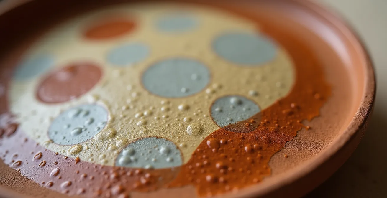 Primo piano macro di ceramica artigianale con imperfezioni visibili e texture tattile