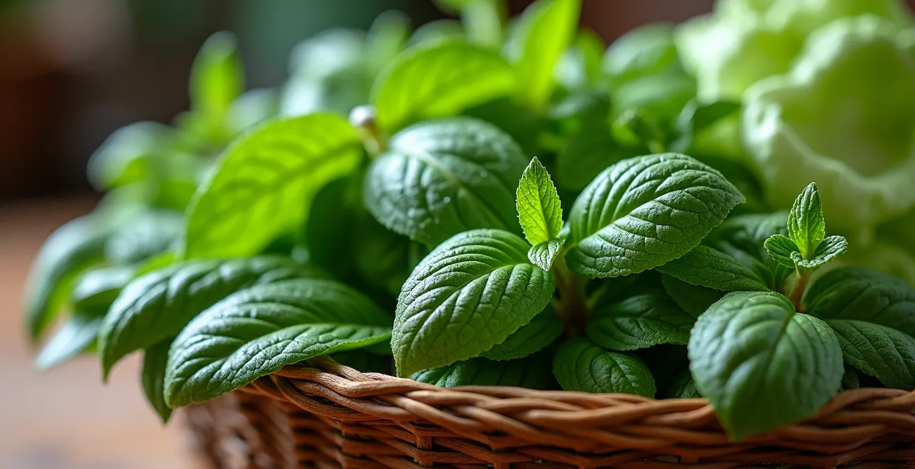 Composizione di erbe fresche vietnamite su cestino di bambù