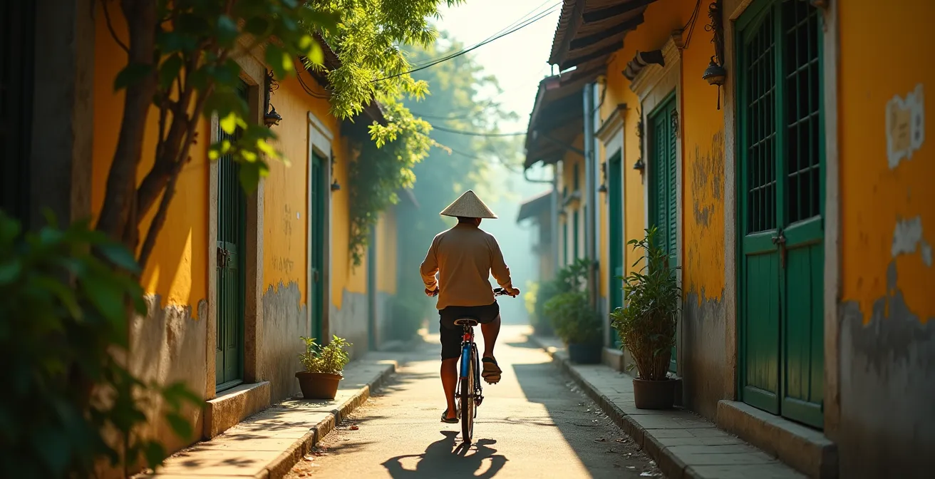 Vista di un vicolo stretto di Hanoi con case coloniali nascoste