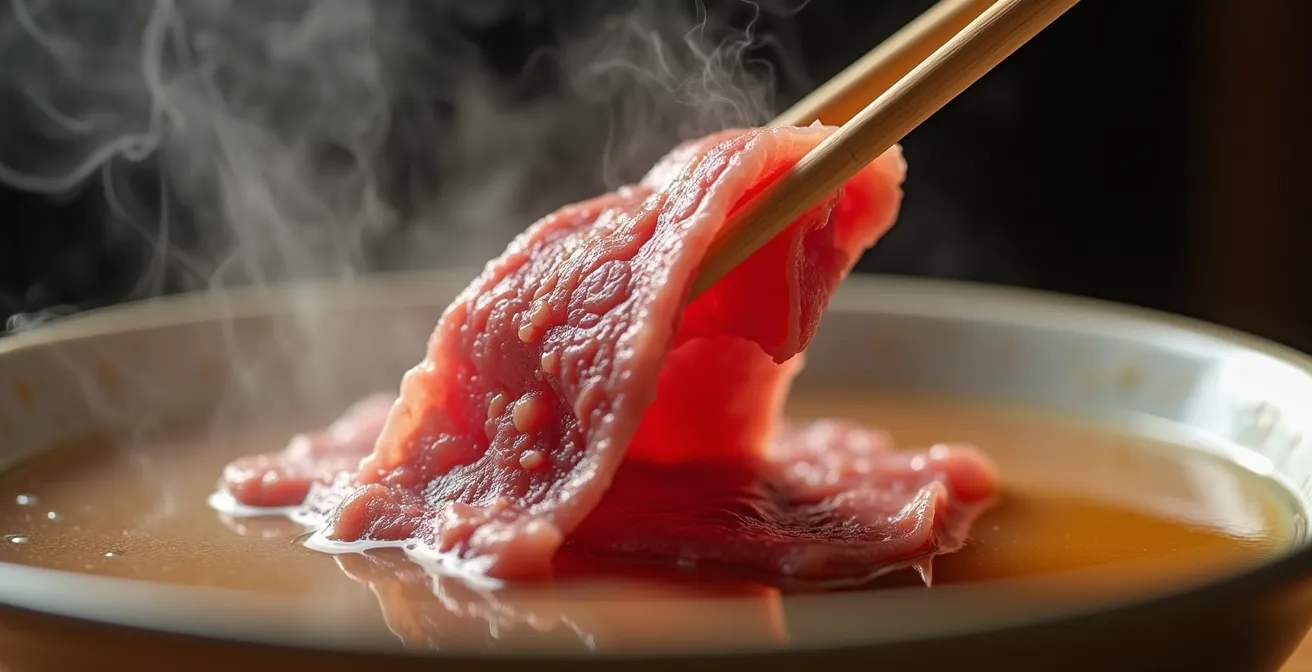 Fettine sottilissime di manzo crudo che cambiano colore nel brodo bollente del Pho