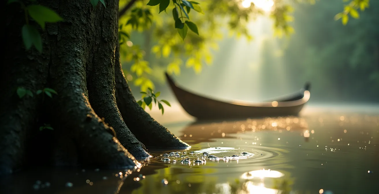 Barche a remi tradizionali che scivolano tra gli alberi di cajuput nella foresta allagata di Tra Su all'alba