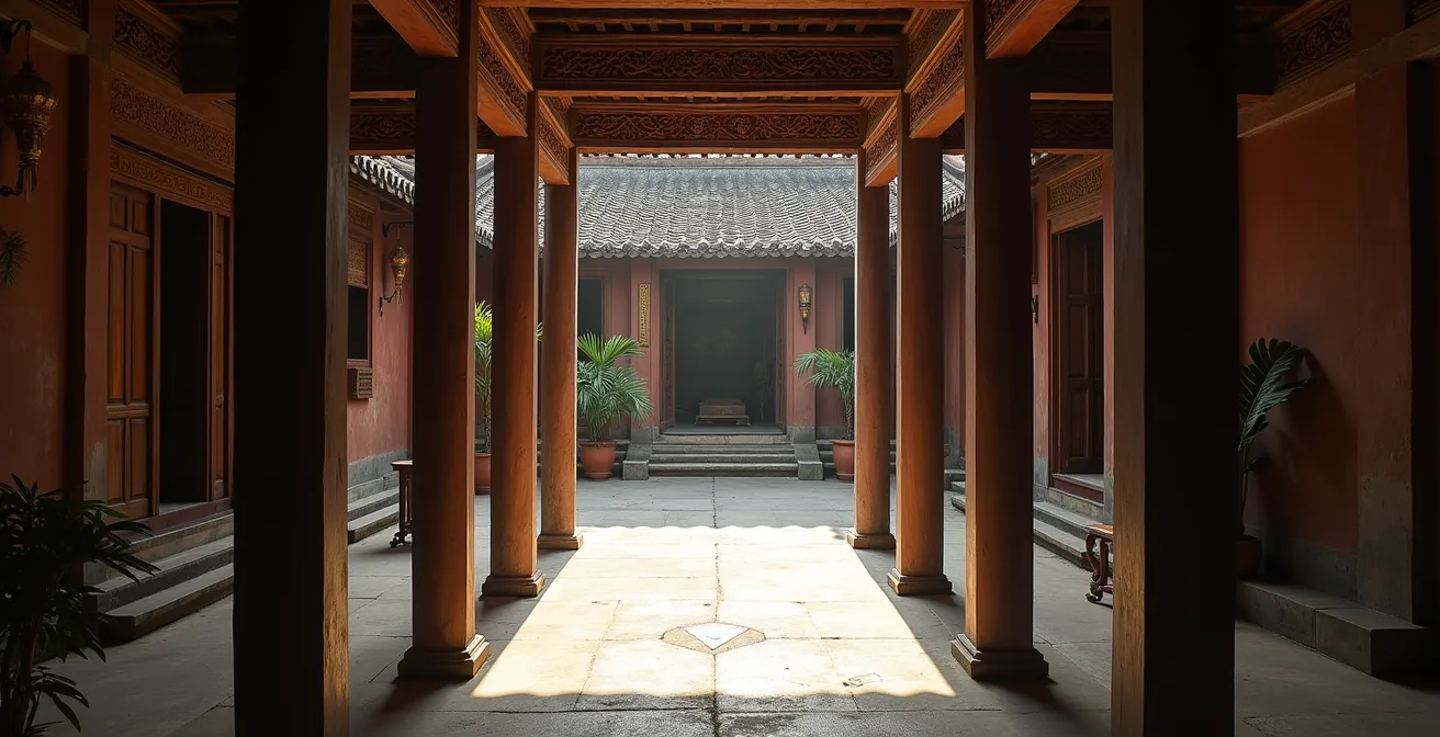 Vista dell'interno di una casa-museo tradizionale di Hoi An con i cortili interni che portano luce naturale