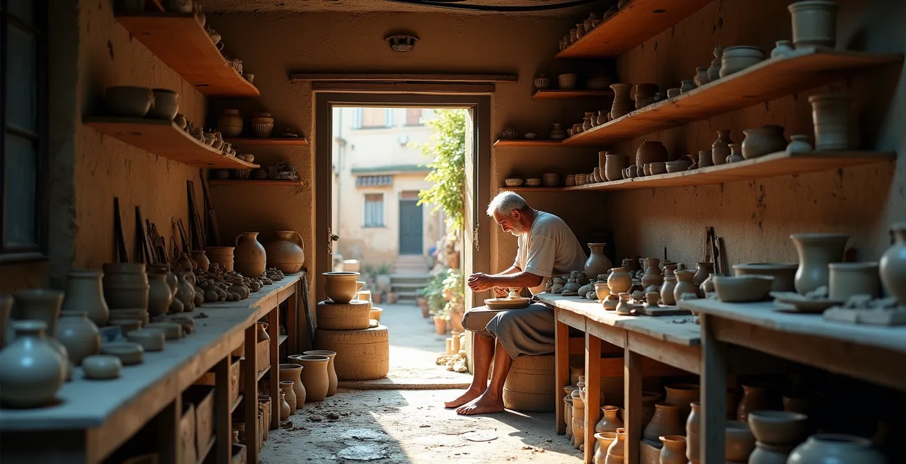 Vista ampia di laboratorio artigianale autentico con artigiani al lavoro in ambiente tradizionale