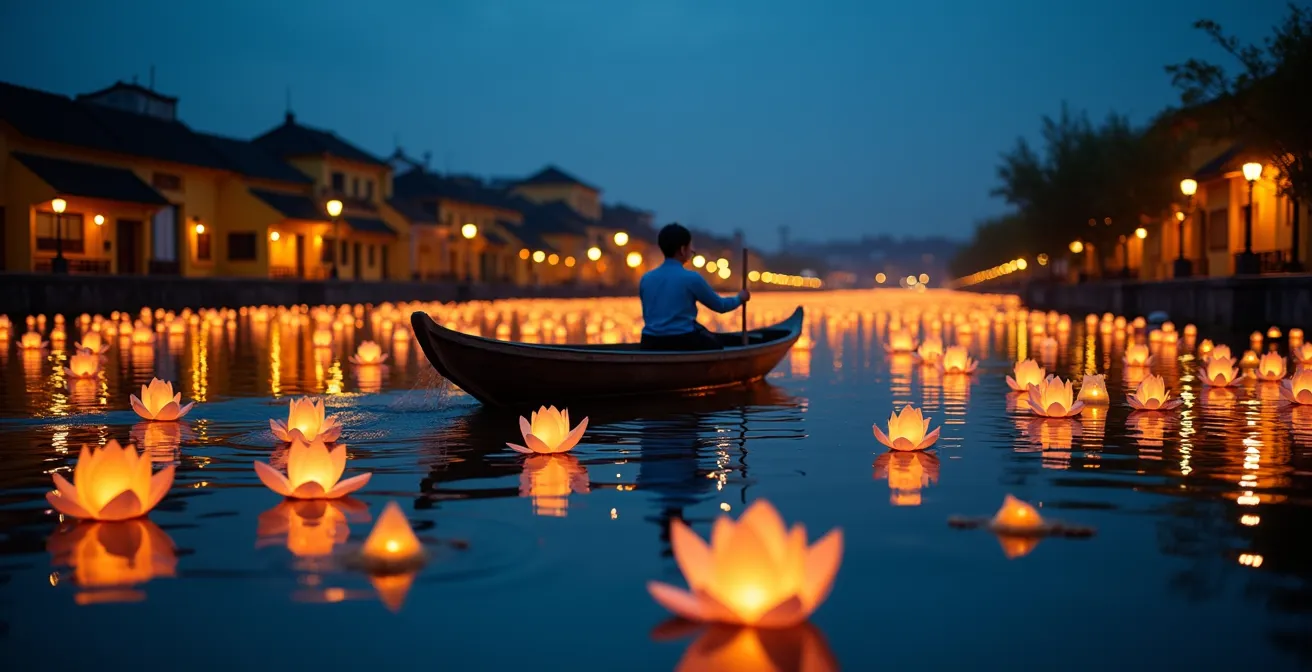 Lanterne luminose che galleggiano sul fiume Thu Bon al crepuscolo a Hoi An