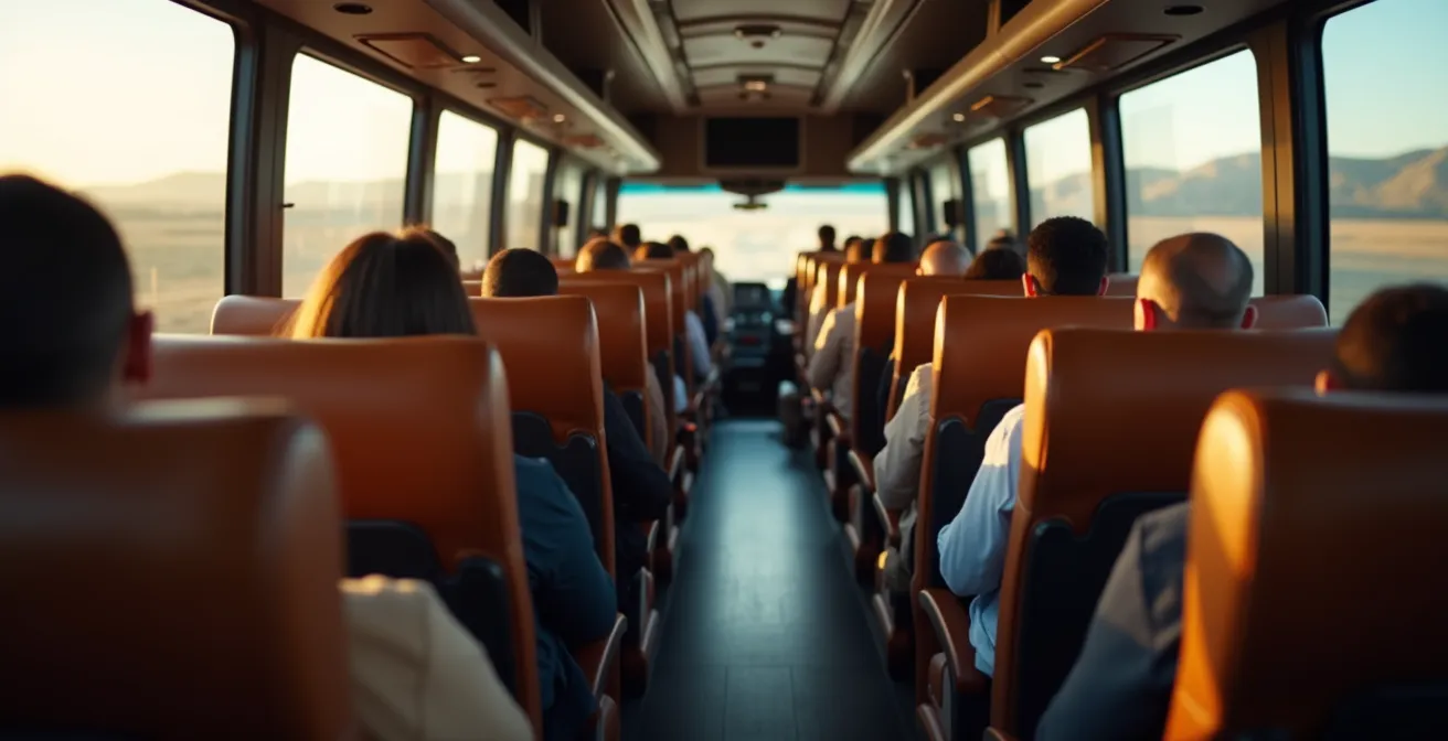 Interno spazioso di un limousine bus moderno con sedili reclinabili e ampi finestrini