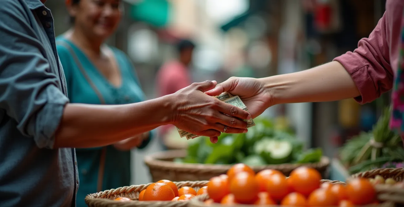Scena di mercato vietnamita con venditori e acquirenti
