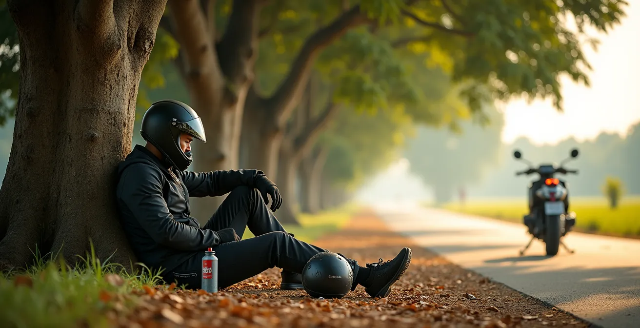 Motociclista riposato all'ombra di un albero durante le ore calde del giorno in Vietnam