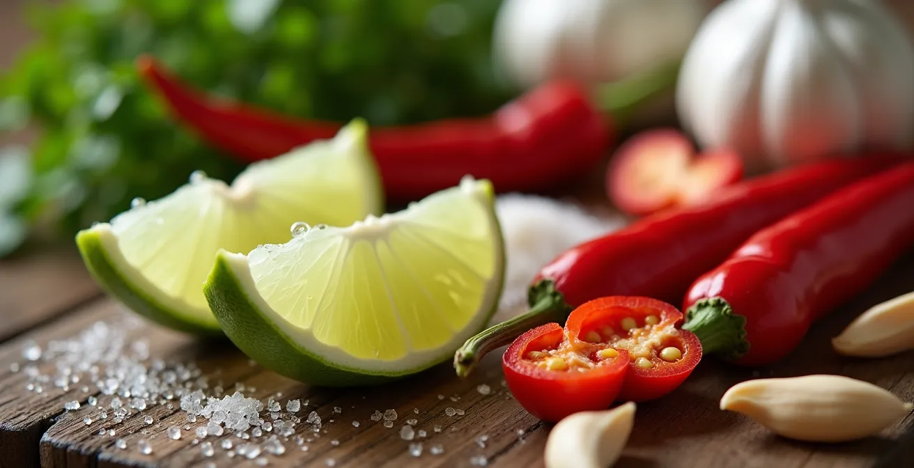 Ingredienti per Nuoc Cham disposti su tavolo di legno con lime, peperoncino e mortaio
