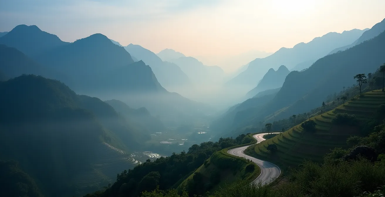 Strada serpeggiante tra montagne calcaree nella nebbia mattutina verso Ba Be