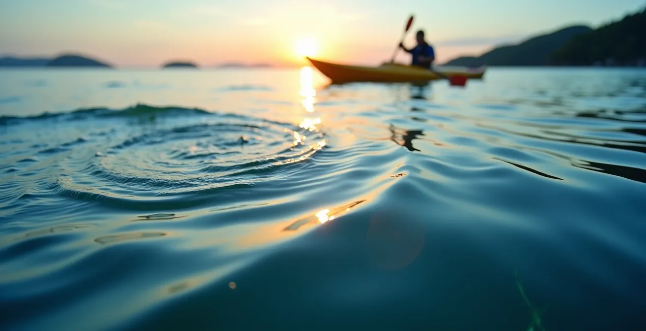 Alba serena su parco marino con kayak solitario che esplora acque calme