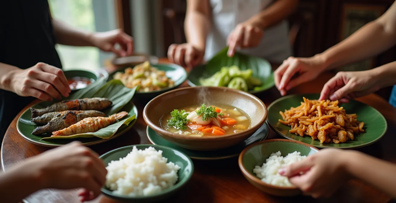Composizione di un pasto vietnamita completo con i cinque elementi bilanciati