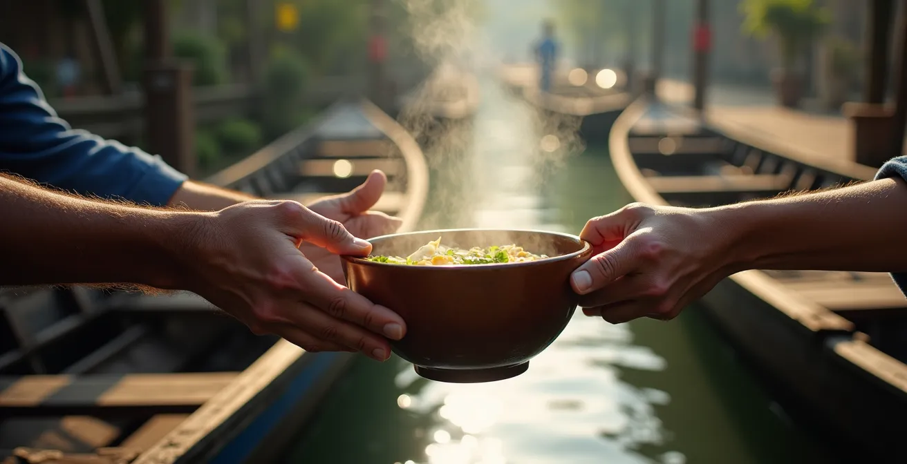 Piccola barca tradizionale che vende zuppa di noodle in un canale secondario del delta del Mekong