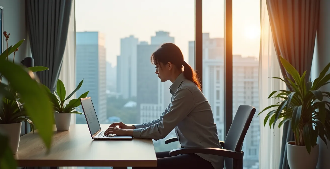 Angolo ufficio moderno in appartamento con vista sulla città di Ho Chi Minh