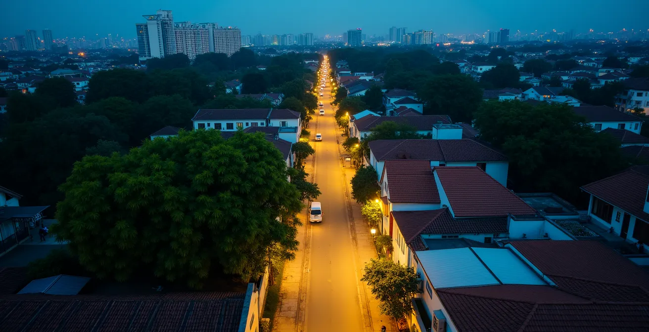 Vista aerea serale di un quartiere residenziale tranquillo di Ho Chi Minh City