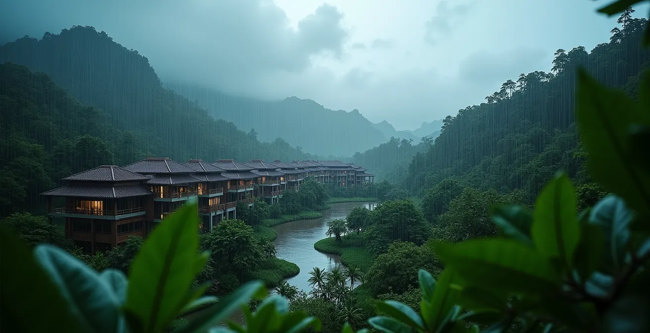 Vista panoramica di un resort di lusso vietnamita durante una giornata di pioggia monsonica con vegetazione lussureggiante