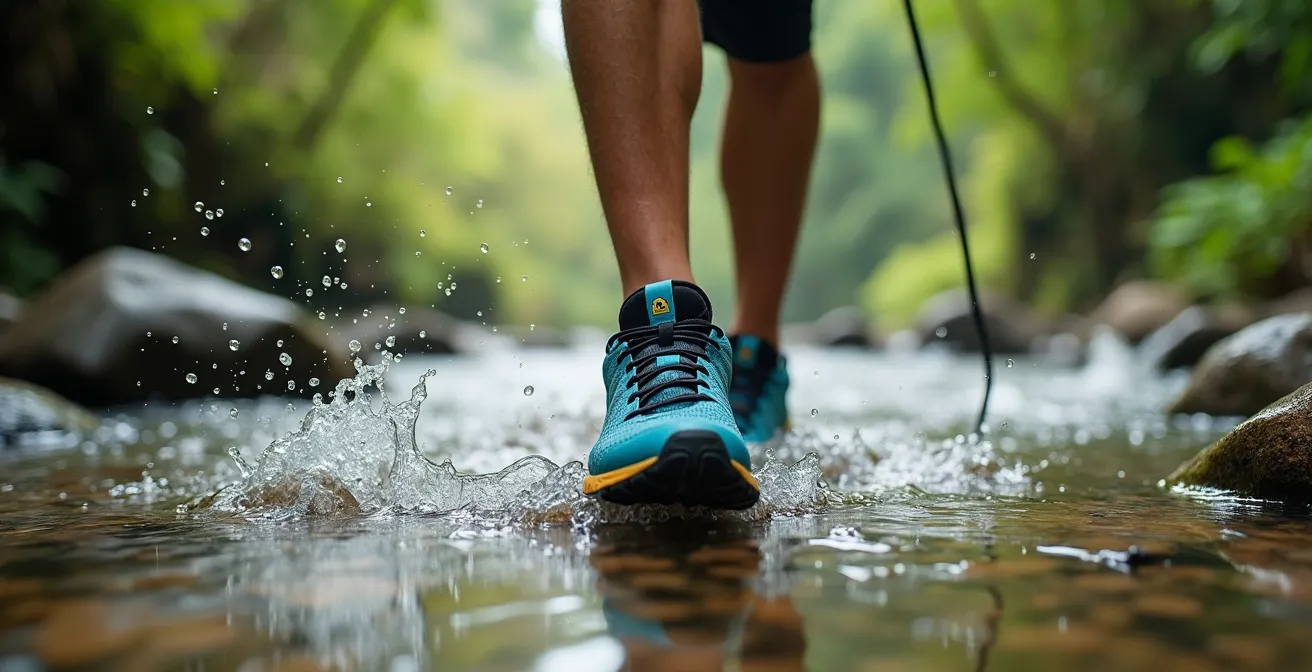 Escursionista che attraversa un fiume con scarpe da trail in Vietnam
