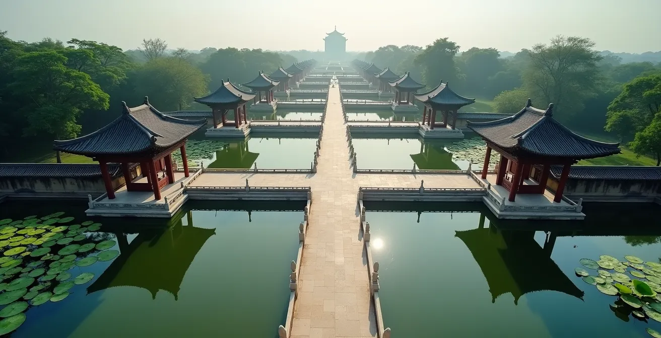 Vista aerea della tomba imperiale di Minh Mang mostrando la perfetta simmetria assiale