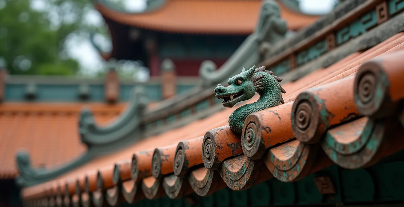 Dettagli architettonici di un tempio vietnamita che mostra la fusione di elementi locali e cinesi
