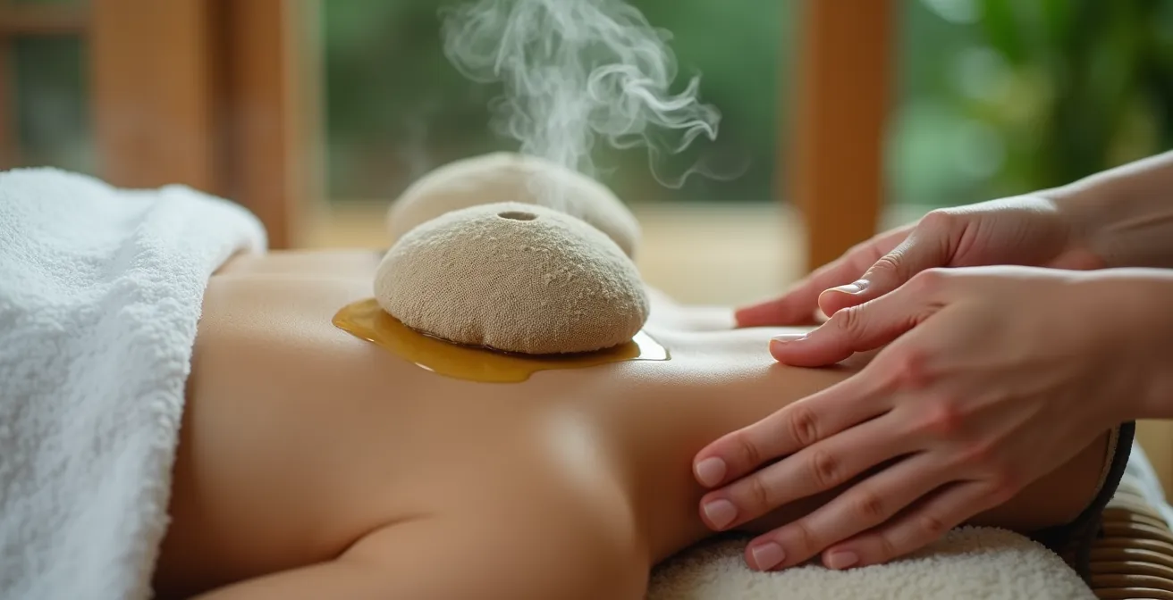 Coppia durante un massaggio tradizionale vietnamita in una spa di lusso circondata da natura tropicale