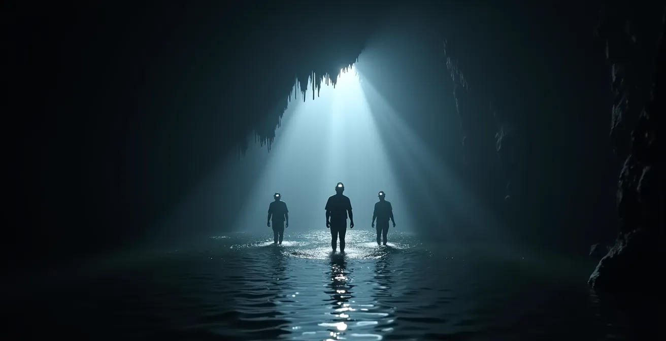 Gruppo di esploratori con caschi illuminati attraversa acque sotterranee nella grotta