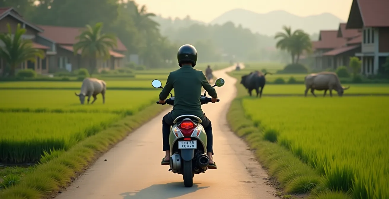 Vista posteriore di uno scooter su strada rurale vietnamita con risaie verdi ai lati