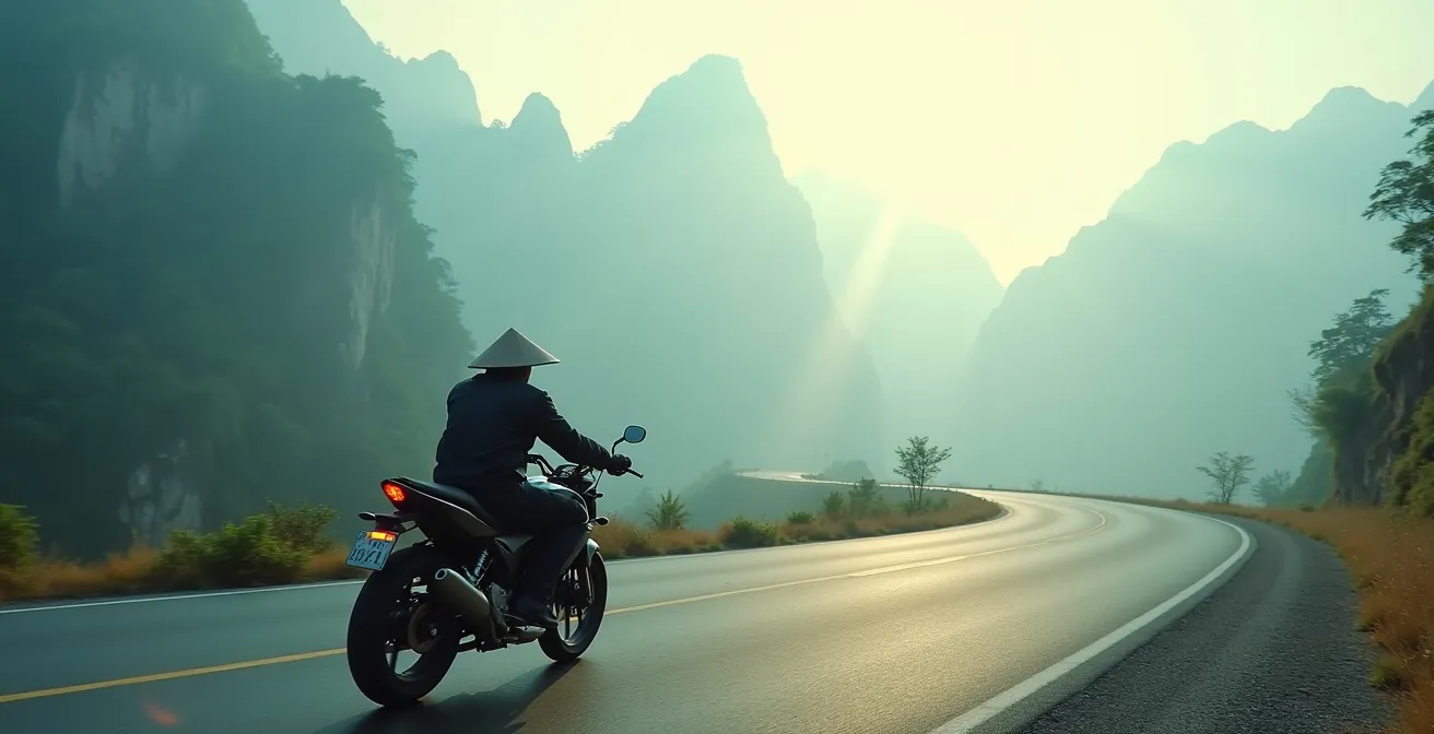 Strada serpeggiante tra montagne nebbiose con motociclista in lontananza