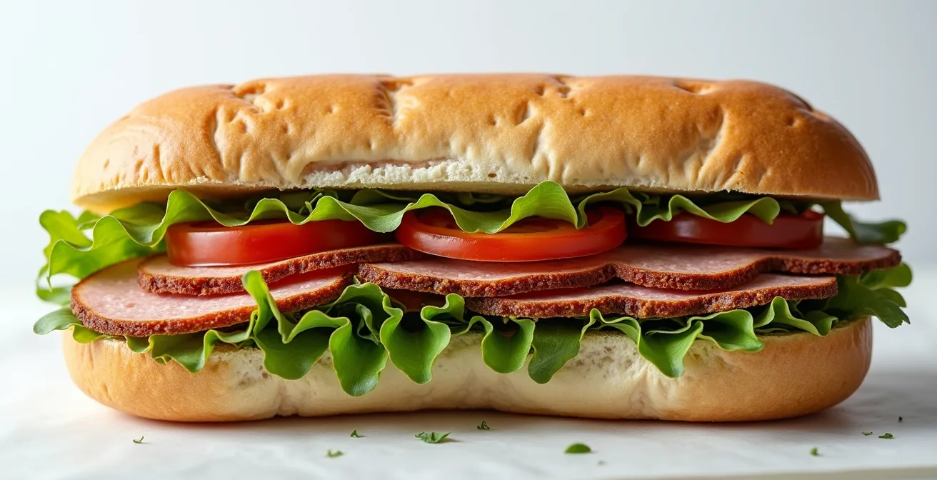 Sezione trasversale di un banh mi che mostra gli strati di ingredienti dall'esterno verso l'interno