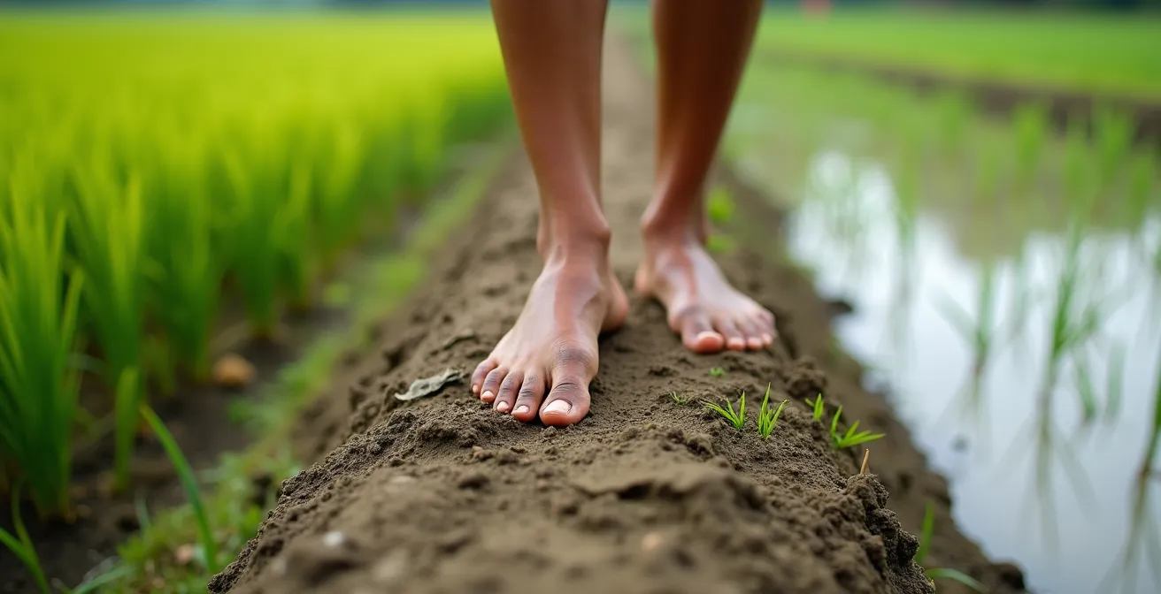Dettaglio dei piedi che camminano su argine stretto di risaia con tecnica corretta