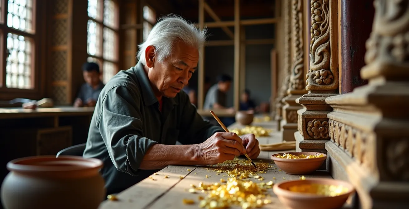 Artigiani vietnamiti al lavoro con tecniche tradizionali di restauro su decorazioni in legno della cittadella