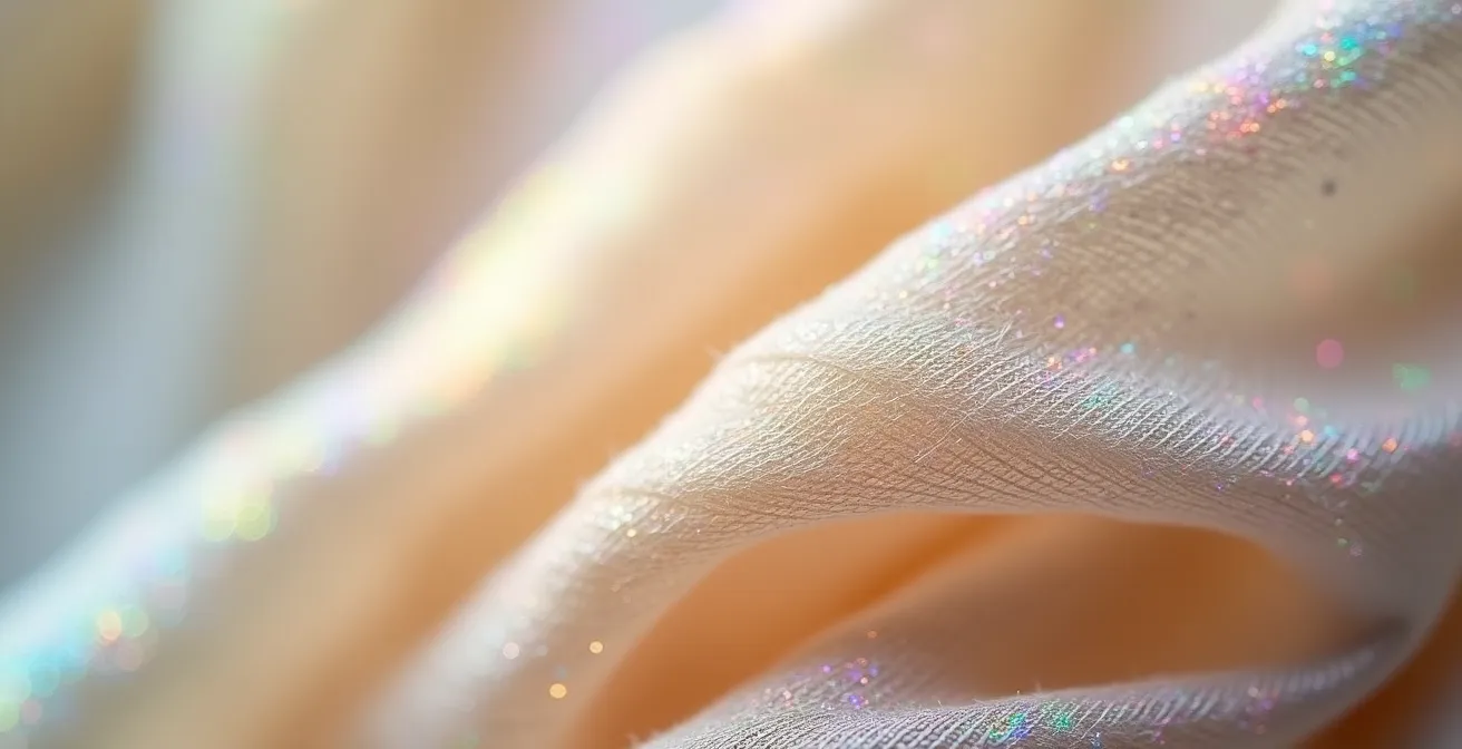 Dettaglio macro di fili di seta naturale con texture e lucentezza prismatica visibile