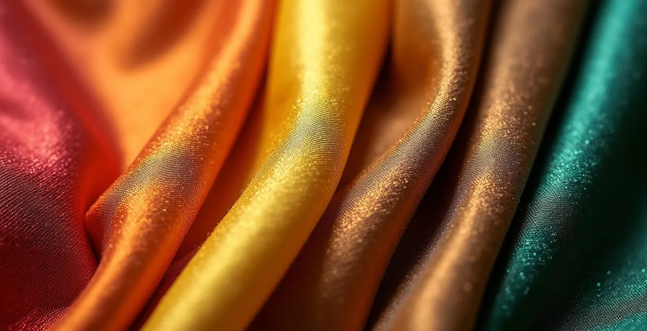 Dettaglio ravvicinato di tessuti di seta colorati con texture naturale per lanterne vietnamite