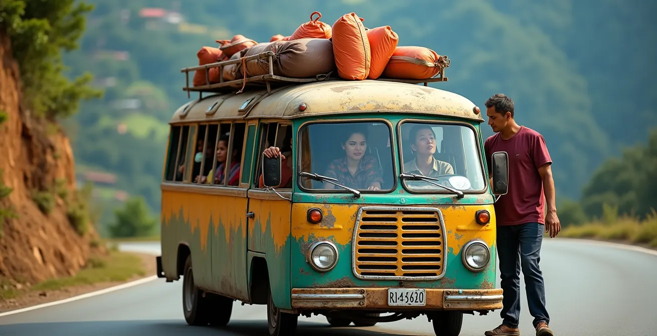 Minibus locale vietnamita su strada di montagna con passeggeri e merci sul tetto
