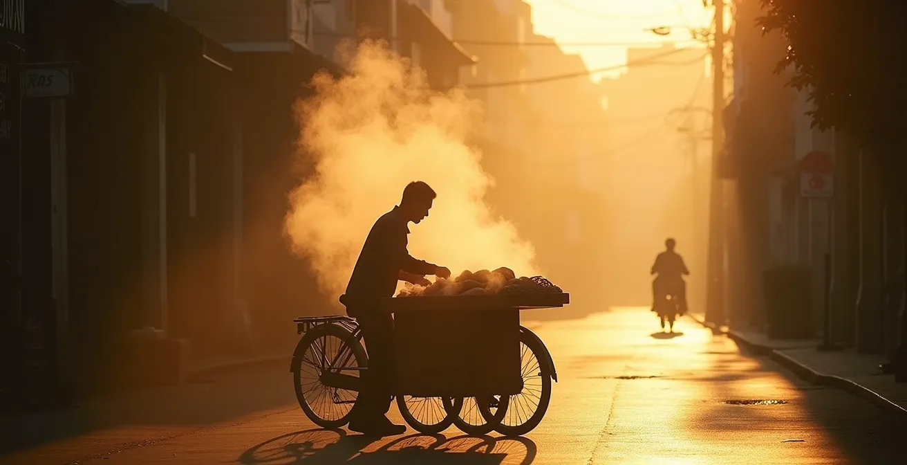 Venditore di banh mi al mattino presto con vapore che sale dal bancone in una strada vietnamita