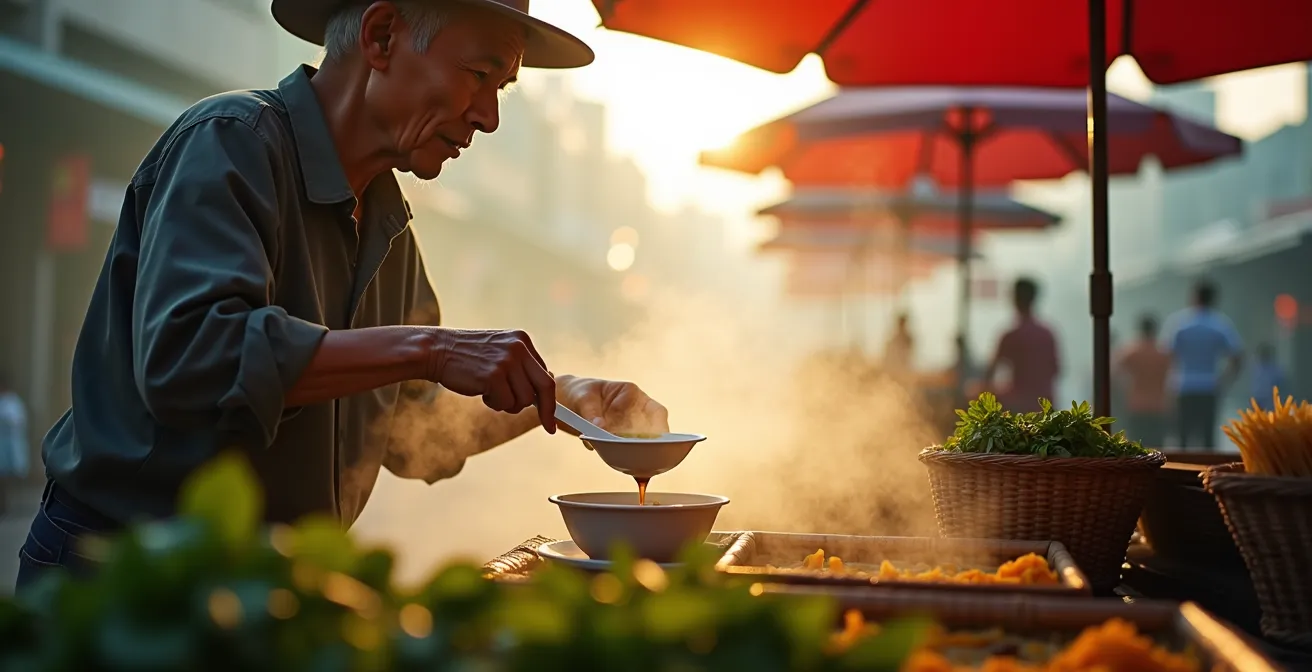 Venditori di street food che preparano il pho all'alba in un mercato di Hanoi