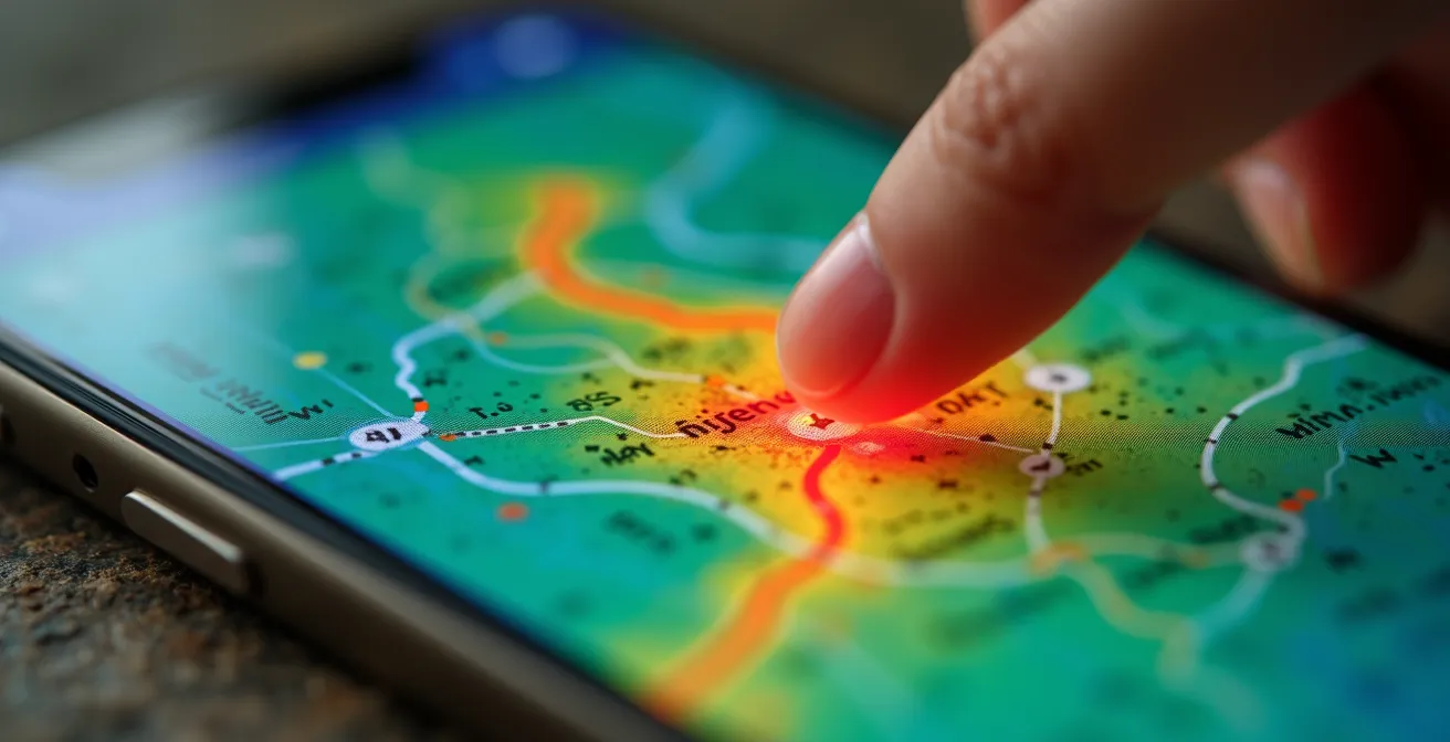 Schermata di applicazione GPS con mappe di calore sovrapposte mostrando percorsi MTB frequentati