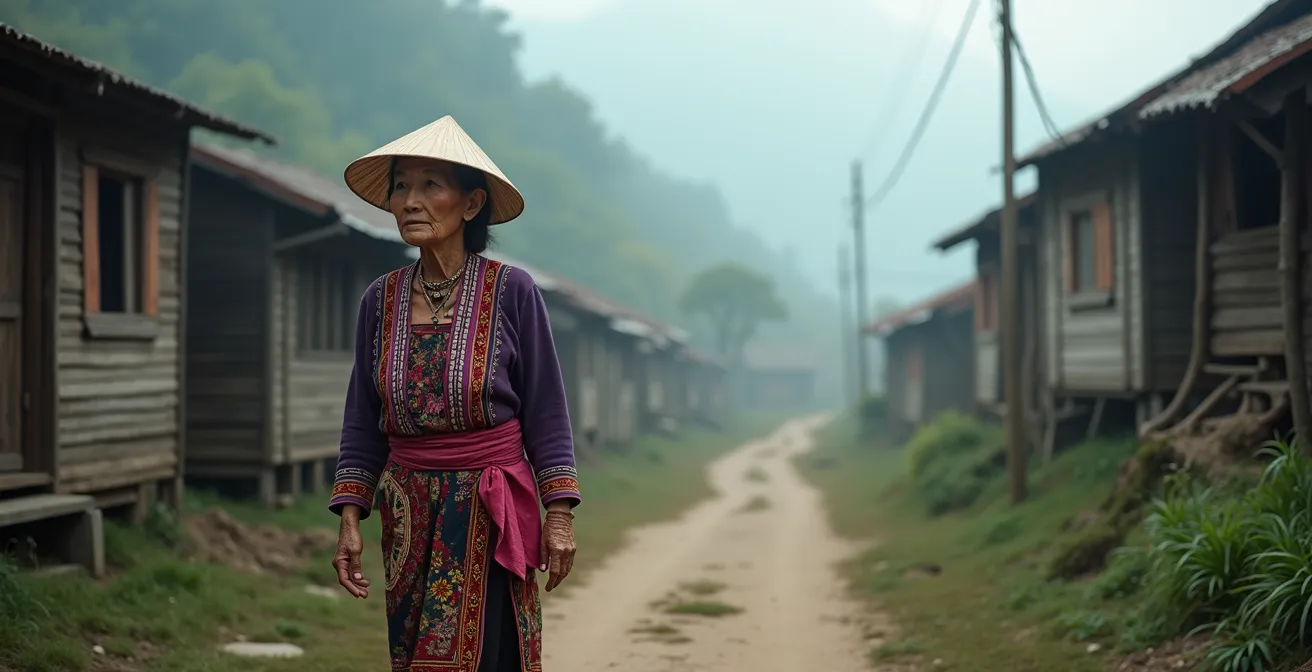 Villaggio tradizionale Hmong avvolto nella nebbia mattutina